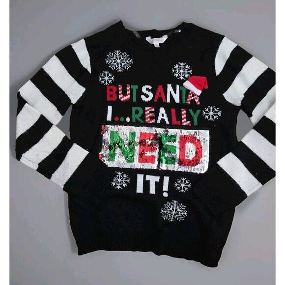 Womens But Santa I... Reversible Sequins Christmas Holiday Sweater Size 11-13(L) - Picture 1 of 5